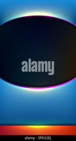 Futuristic abstract digital background designed for mobile display, featuring dark oval center with glowing neon magenta light edges on blue backgroun Stock Vector