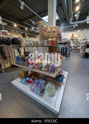 Pforzheim Germany August 3, 2026 Bright retail shop interior showing glass-topped display full of colorful plush toys, teddy bears, rabbits, cats, dog Stock Photo