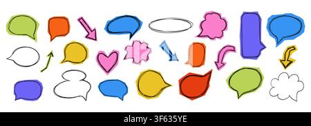 Paper cut out speech bubbles and stickers in Y2K retro style set. Stickers featuring speech bubbles, hearts, and retro elements. Scrapbook set collage pieces with torn edges. Vector illustration Stock Vector