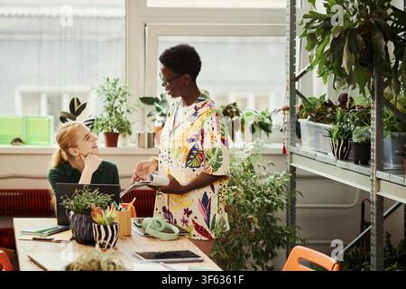 African American young woman and Caucasian young woman discussing project in creative office. Image represents diversity and teamwork in modern workplace, medium shot Stock Photo