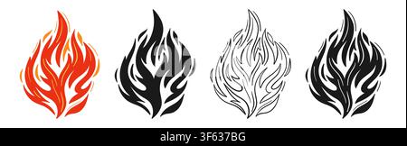 Fire flame symbol cartoon, silhouette line doodle set. Bonfire, campfire, fireball and wildfire icon. Hot burning blaze sign icon logo, branding graphic design. Vector illustration collection Stock Vector