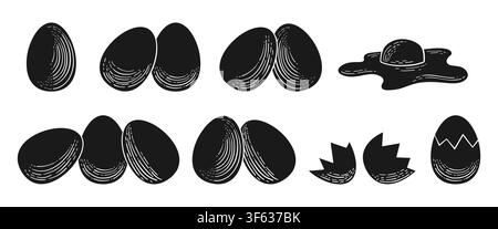 Egg icon silhouette set. Outline and solid Easter eggs, fried egg doodle, cracked eggshell broken shape symbols, cute kawaii art. Chicken egg collection for design and decoration. Vector illustration Stock Vector