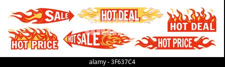Flaming Black Friday sticker set. Hot sale badges, burning price tags, fire frame promotional labels, shopping discount advertising burn banners. Marketing offer template design. Vector illustration Stock Vector