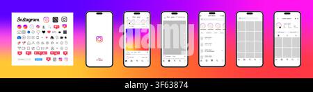 Apple iPhone 16 with Instagram interface update 2026. Mobile application UI screens including splash screen, home feed, reels, messages, search and pr Stock Vector