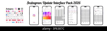 Apple iPhone 16 with Instagram interface update 2026. Mobile application UI screens and Instagram icon pack isolated on white background. Editorial il Stock Vector