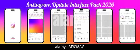 Apple iPhone 16 displaying Instagram interface update 2026. Mobile application UI screens including splash screen, home feed, reels, messages, search Stock Vector