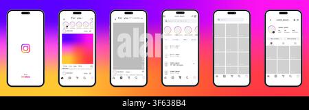 Apple iPhone 16 displaying Instagram interface update 2026. Mobile application interface screens isolated on white background. Editorial illustration Stock Vector