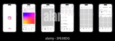 Apple iPhone 16 displaying Instagram interface update 2026. Mobile application UI screens on black background. Editorial illustration Stock Vector