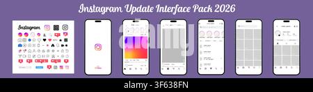 Instagram interface update 2026. Complete social media mobile application UI pack with icons, splash screen, home feed, reels, direct messages, profil Stock Vector