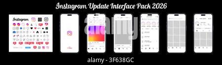 Instagram interface update 2026. Social media application UI kit with mobile screens, icons, home feed, reels, messaging, profile page and navigation Stock Vector