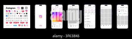 Instagram mobile application interface pack 2026. User interface screens with icons, splash page, home feed, reels, messages and profile layout. Edito Stock Vector