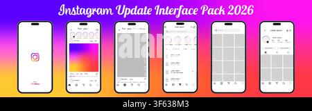 Instagram update interface pack 2026. Mobile application UI collection with splash screen, home feed, reels, messaging, profile and navigation element Stock Vector