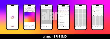 Instagram interface update 2026. Social media application UI screens with splash page, reels feed, messages, profile layout and navigation. Editorial Stock Vector