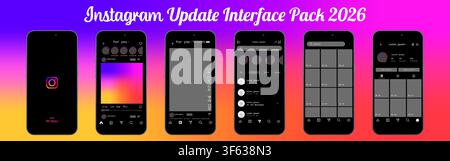 Instagram dark mode interface 2026. Social media mobile application UI screens with splash page, reels, messages, profile layout and navigation. Edito Stock Vector
