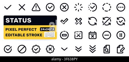 Status line icon set. Check mark, warning, success, error, loading, pending, verified pictogram minimal vector illustration. Simple bold outline sign Stock Vector
