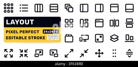 Layout line icon set. Grid, list, columns sidebar, window, tab, responsive fullscreen pictogram minimal vector illustration. Simple bold outline sign Stock Vector