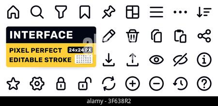 Interface action line icon set. Home, search, bookmark, dashboard, menu, edit, star pictogram minimal vector illustration. Simple bold outline sign Stock Vector