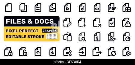 File, document line icon set. PDF image, video, audio, search, download, lock share pictogram minimal vector illustration. Simple bold outline sign Stock Vector