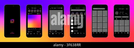 Instagram dark mode mobile application interface 2026. User interface screens including home feed, reels, messages and profile page. Editorial illustr Stock Vector