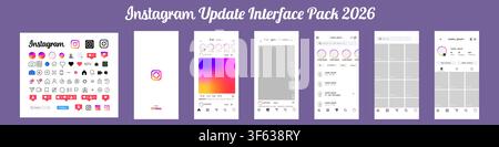 Instagram interface update pack 2026. Social media application UI with icons, splash screen, reels feed, messaging, profile page and navigation. Edito Stock Vector