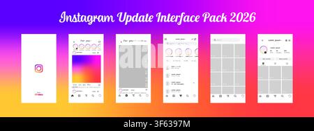 Instagram interface update 2026. Complete social media mobile application UI pack with icons, splash screen, home feed, reels, direct messages, profil Stock Vector