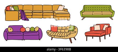 Set of Colorful sofas in playful, cartoon style Stock Vector