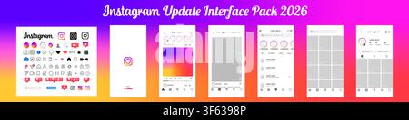 Instagram interface update 2026. Social media application UI kit featuring mobile screens, icon collection, splash page, home feed, messaging and prof Stock Vector