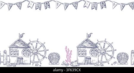 Seamless border with marine illustrations. Hand-drawn beach houses, ship's rudders, seashells and flags. The illustration is perfect for designing a Stock Vector