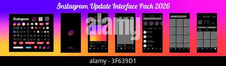 Instagram dark mode interface update 2026. Complete mobile application UI pack with icons, splash screen, reels feed, messages, profile page and navig Stock Vector