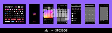 Instagram mobile application screens 2026. Splash page, home feed, reels, messages, search and profile interface for social media presentation. Editor Stock Vector