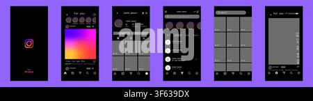 Instagram dark mode mobile application screens. Social media interface featuring splash page, home feed, profile, search, messaging and reels. Editori Stock Vector