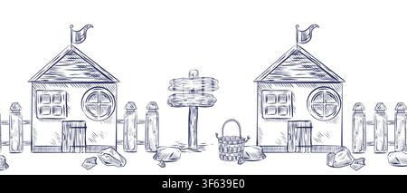Seamless curb made of coastal houses with wooden fence, stones, signpost and bucket. Everything is hand-drawn in ink. Suitable for summer holiday Stock Vector
