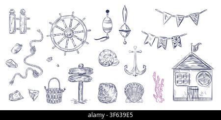 A set of illustrations on a marine theme, hand-drawn in a vector. Lighthouse, anchor, ship's rudder, ropes, shells, cottage, floats, bucket and Stock Vector