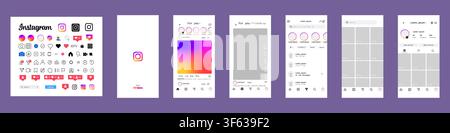 Instagram interface update 2026. Complete social media mobile application UI pack with icons, splash screen, home feed, reels, direct messages, profil Stock Vector