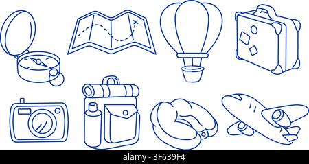 Travel And Tourism Doodle Vintage Elements Backpack Compass Map Hot Air Balloon Suitcase Airplane Stock Vector