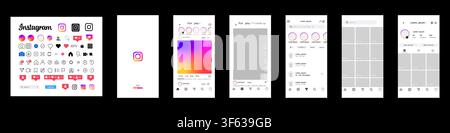 Instagram interface update 2026. Complete social media application UI collection with icons, mobile screens, profile, reels and messaging. Editorial i Stock Vector