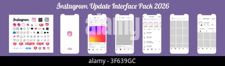 Instagram mobile application interface 2026. Complete UI kit with splash screen, home feed, messaging, profile page and navigation. Editorial illustra Stock Vector