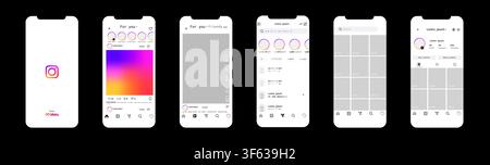 Instagram mobile application interface screens 2026. Splash screen, home feed, reels, direct messages, profile page and search interface. Editorial il Stock Vector