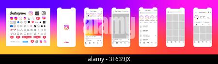 Instagram interface presentation 2026. Mobile application UI screens with splash page, home feed, reels, messaging, search and profile layout. Editori Stock Vector