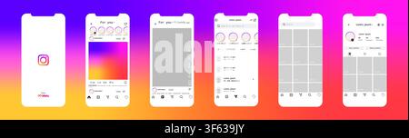 Instagram interface update 2026. Complete social media mobile application UI pack with icons, splash screen, home feed, reels, messages and profile pa Stock Vector