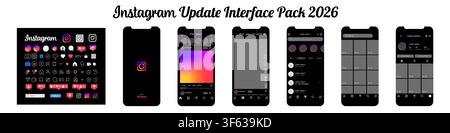Instagram dark mode mobile application interface 2026. UI screens featuring splash page, home feed, reels, profile page and messaging. Editorial illus Stock Vector