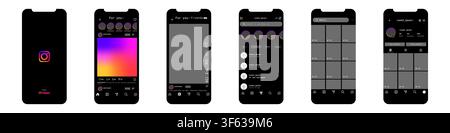 Phone displaying Instagram dark mode interface update 2026. Mobile application UI screens including splash screen, home feed, reels, messages, search Stock Vector