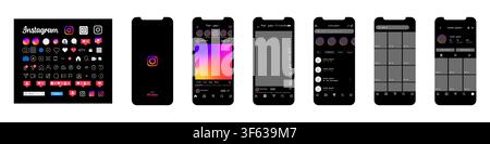 Instagram dark mode interface 2026. Mobile application UI collection with splash screen, reels feed, profile page, messaging and navigation. Editorial Stock Vector