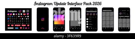 Instagram dark mode interface update pack 2026 with icon collection and Apple iPhone 16 mobile application screens. Editorial illustration Stock Vector