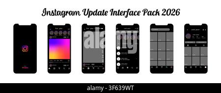 Instagram interface update pack 2026 in dark mode. Apple iPhone 16 mobile application UI screens isolated on white background. Editorial illustration Stock Vector