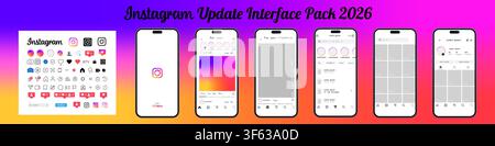 Apple iPhone 16 displaying Instagram interface update 2026. Mobile application interface screens isolated on white background. Editorial illustration Stock Vector