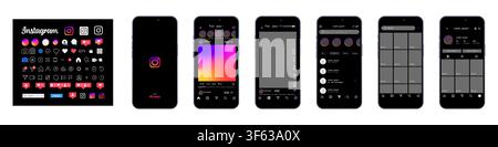 Apple iPhone 16 and Instagram interface update pack 2026. Mobile application UI screens with Instagram icon collection on colorful gradient background Stock Vector