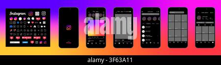 Apple iPhone 16 and Instagram dark mode interface update 2026. Mobile application UI screens with Instagram icon collection isolated on white backgrou Stock Vector