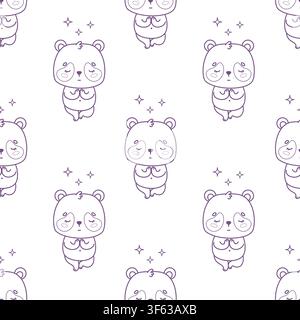 Outline Seamless Pattern With Cute Kawaii Panda Standing In Tree Yoga Pose On White Background. Cartoon Bear Meditation Mental Health Zen Balance. Vec Stock Vector