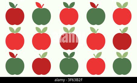 Seamless Red and Green Apple Pattern with Leaves, Minimalist Flat Vector Fruit Background Stock Vector